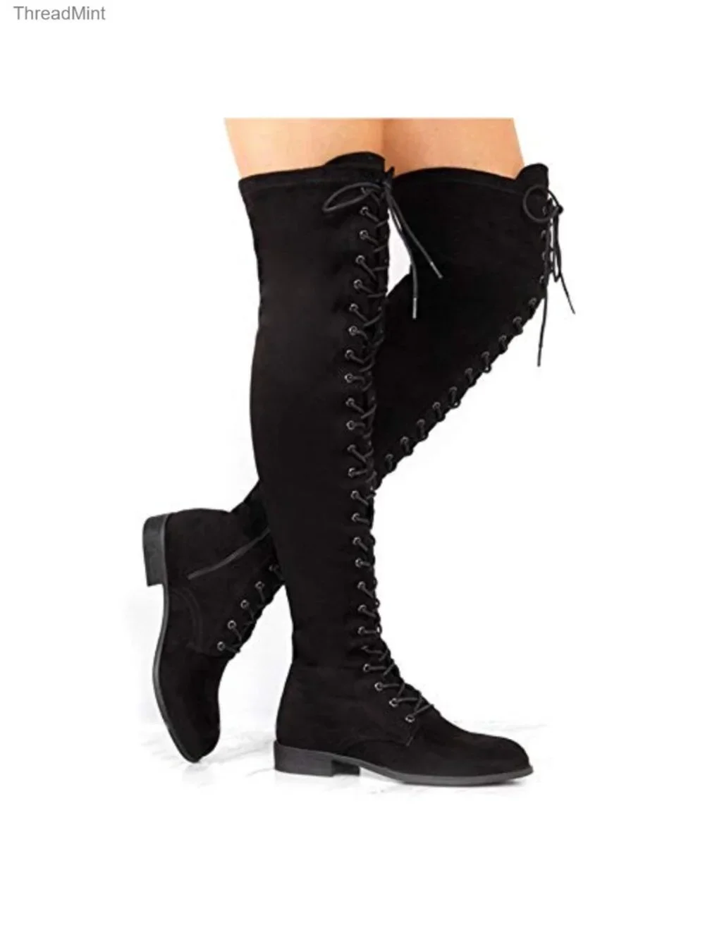 Over the Knee Suede Leather Lace Up Combat Boots